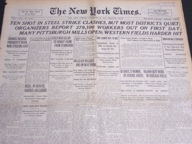 1919 SEPTEMBER 23 NEW YORK TIMES - TEN SHOT IN STEEL STRIKE CLASHES - NT 7030