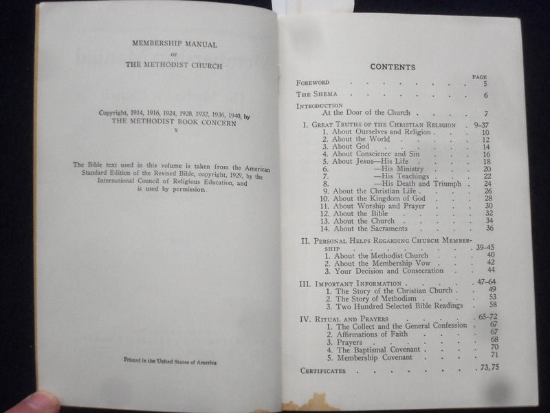 1940 MEMBERSHIP MANUAL OF THE METHODIS CHURCH SOFTCOVER BOOK BY LESEMANN- J 9651