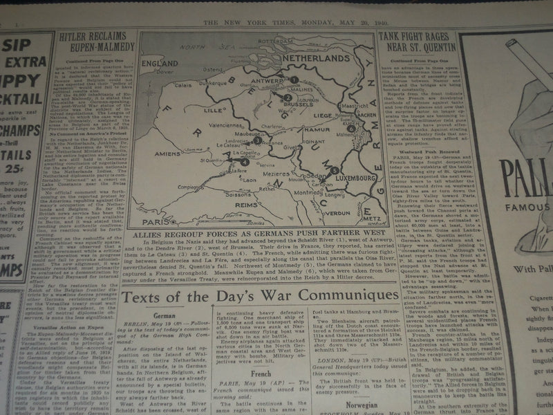 1940 MAY 20 NEW YORK TIMES - FIERCE BATTLE OF TANKS RAGES ST. QUENTIN - NP 3611