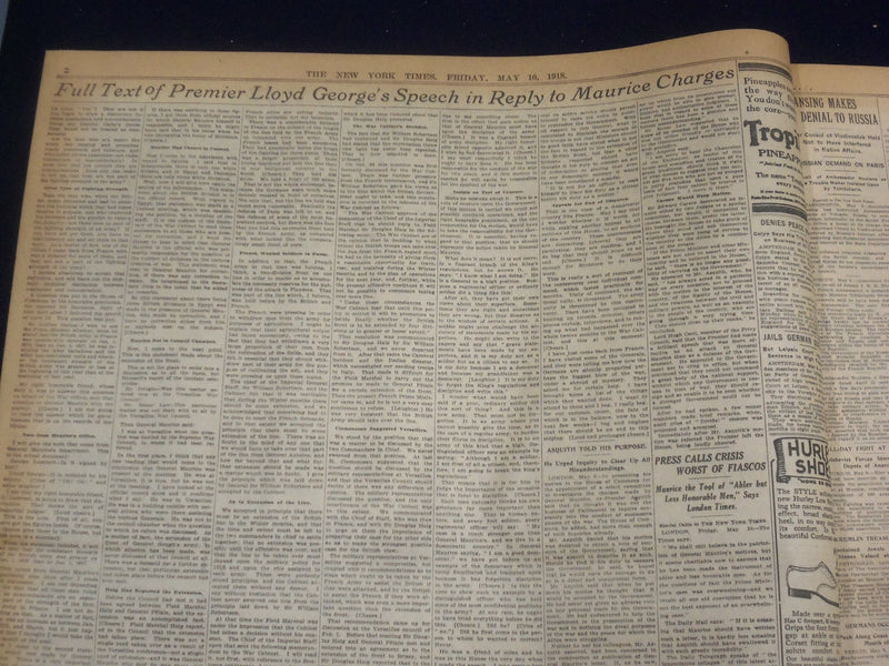 1918 MAY 10 NEW YORK TIMES - COMMONS UPHOLDS LLOYD GEORGE 293 TO 106 - NT 8177