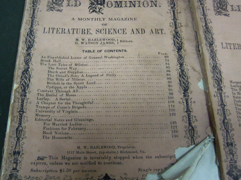 1871-1873 THE OLD DOMINION LITERATURE SCIENCE & ART MAGAZINE LOT OF 8 - WR 139