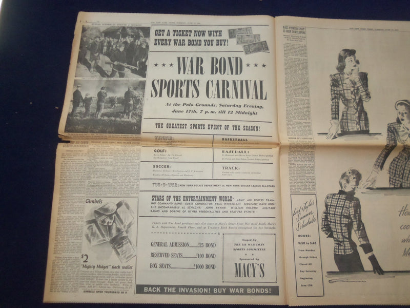 1944 JUNE 13 NEW YORK TIMES -AMERICANS WIN CARENTAN, A KEY TO CHERBOURG- NP 6566