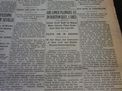 1930 JUNE 6 NEW YORK TIMES - AIR LINER PLUNGES 15 INTO BOSTON BAY - NT 5743