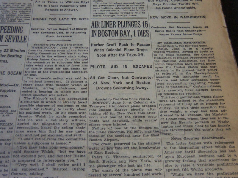 1930 JUNE 6 NEW YORK TIMES - AIR LINER PLUNGES 15 INTO BOSTON BAY - NT 5743