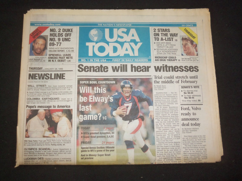 1999 JANUARY 28 USA TODAY NEWSPAPER - SENATE WILL HEAR WITNESSES - NP 7994