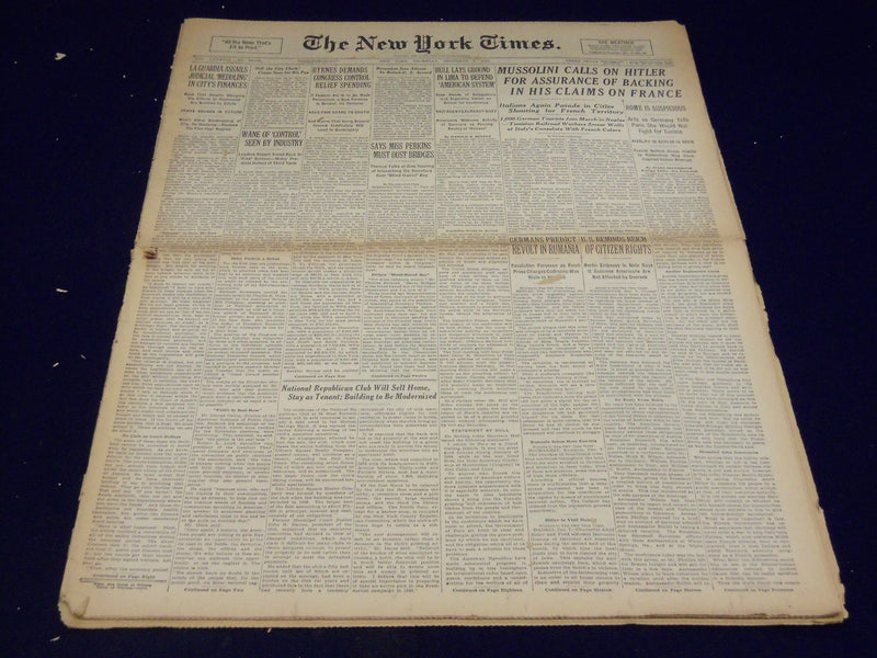 1938 DEC 8 NEW YORK TIMES - MUSSOLINI CALLS ON HITLER FOR BACKING - NT 2468