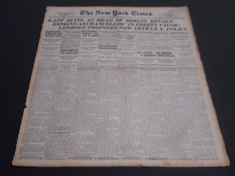 1920 MARCH 17 NEW YORK TIMES - KAPP QUITS AS HEAD OF BERLIN REVOLT - NT 6767