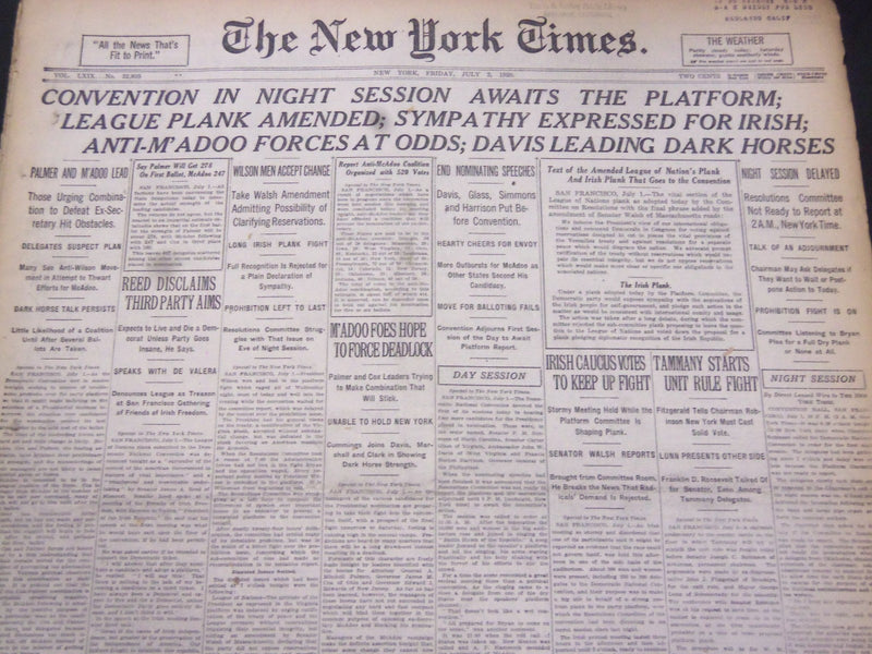 1920 JUL 2 NEW YORK TIMES - CONVENTION IN NIGHT SESSION AWAITS PLATFORM- NT 5329