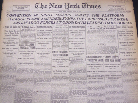 1920 JUL 2 NEW YORK TIMES - CONVENTION IN NIGHT SESSION AWAITS PLATFORM- NT 5329