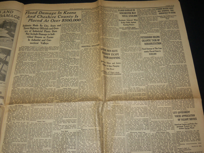 1936 MAR 25 NEW HAMPSHIRE SENTINEL NEWSPAPER TRAFFIC SUSPENDED BIG ARC- NP 4251Q