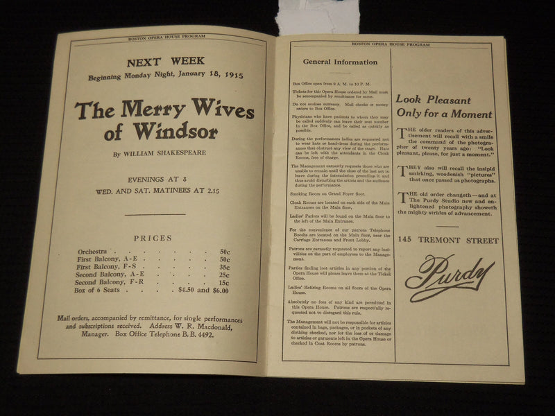1915 BOSTON OPERA HOUSE PROGRAM - ROMEO & JULIET - K 590