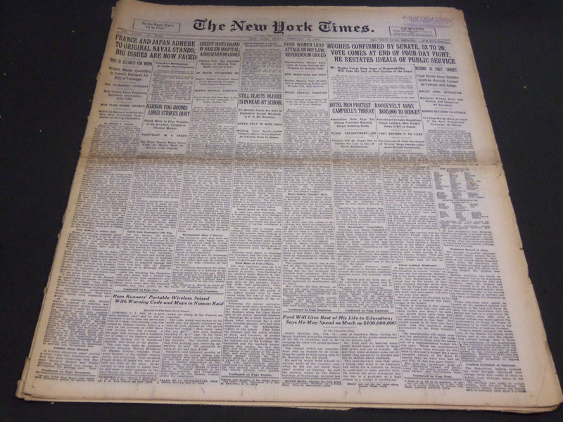 1930 FEBRUARY 14 NEW YORK TIMES - HUGHES CONFIRMED BY SENATE 52 TO 26 - NT 4959