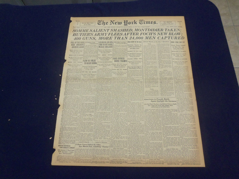 1918 AUGUST 11 NEW YORK TIMES - SOMME SALIENT SMASHED, MONTDIDIER TAKEN- NT 9191
