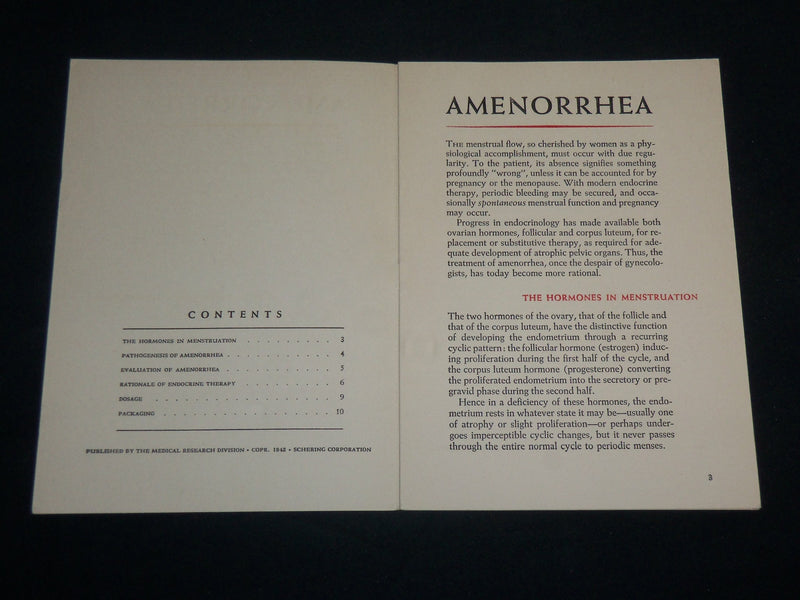 1943 AMENORRHEA ITS ENDOCRINE SOFTCOVER BOOK - BLOOMFIELD NEW JERSEY - J 6799