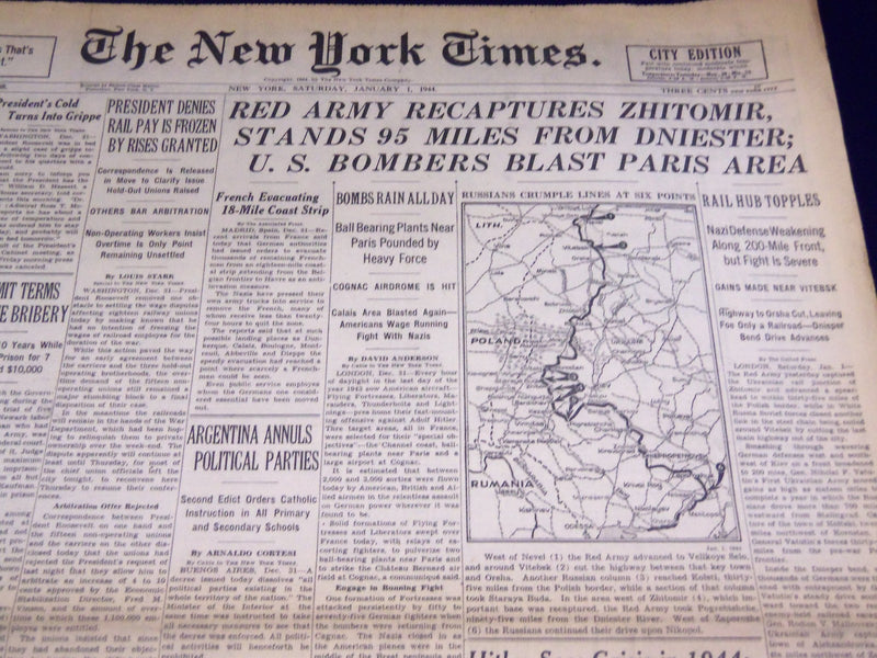1944 JANUARY 1 NEW YORK TIMES - U. S. BOMBERS BLAST PARIS AREA - NT 2374