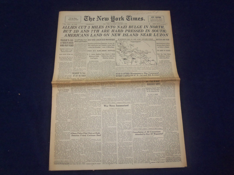 1945 JAN 6 NEW YORK TIMES - ALLIES CUT 3 MILES INTO NAZI BULGE IN NORTH- NP 6644
