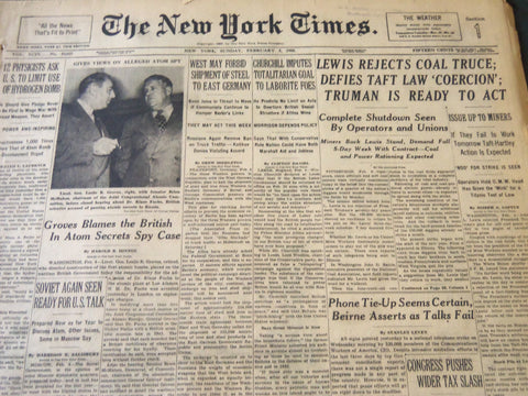 1950 FEBRUARY 5 NEW YORK TIMES - LEWIS REJECTS COAL TRUCE - NT 6126