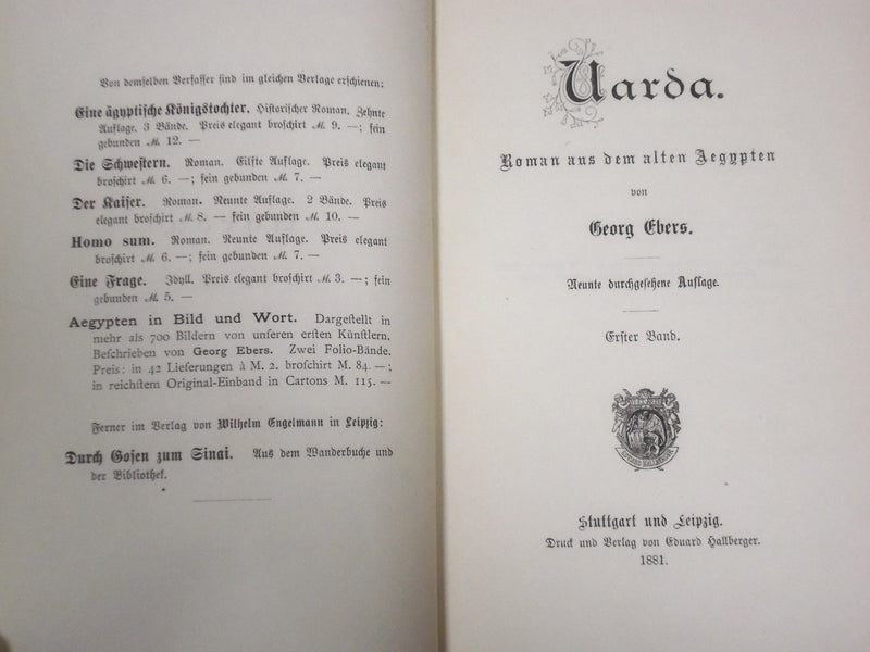1881 UARDA ROMAN BY GEORG EBERS GERMAN BOOK LOT OF 3 - KD 2194