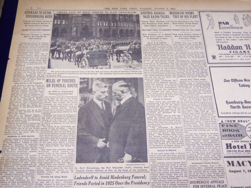 1934 AUG 7 NEW YORK TIMES - 65 MILES OF TORCHES LIGHT ROUTE HINDENBURG - NT 1603
