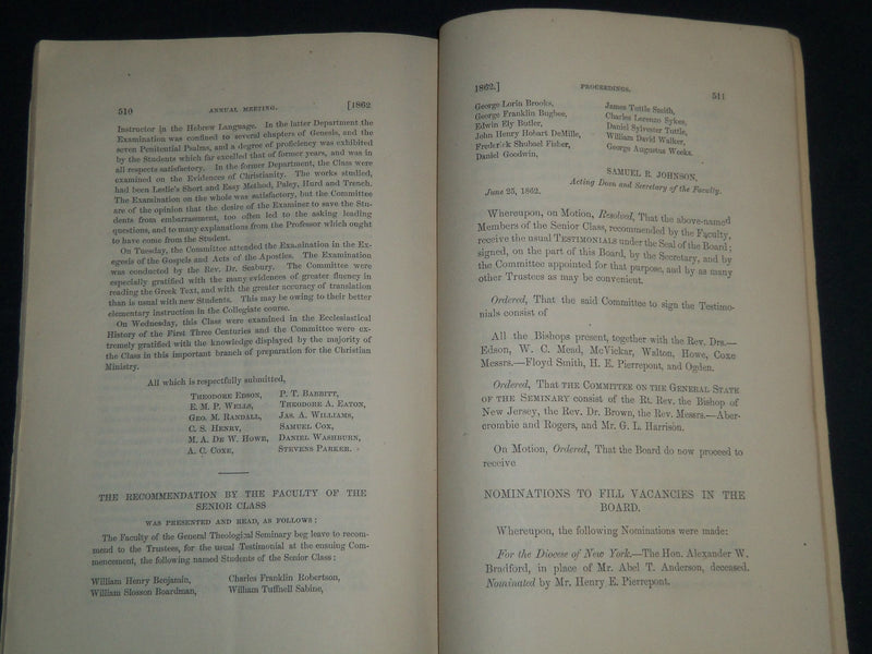 1862 GENERAL THEOLOGICAL SEMINARY PROCEEDINGS REPORT BOOK - J 4508