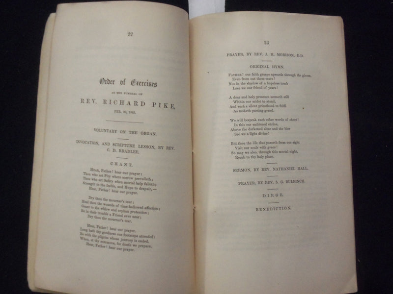 1863 REV. RICHARD PIKE FUNERAL DISCOURSES SOFTCOVER BOOKLET - BOSTON - K 218