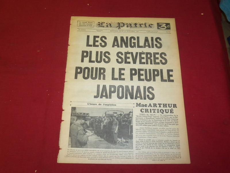 1945 SEP 20 LA PATRIE NEWSPAPER -FRENCH-LES ANGLAIS SEVERES POUR JAPONAIS - 1890
