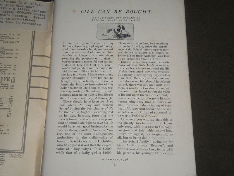 1936 NOVEMBER CORONET MAGAZINE VOLUME 1 NO. 1 LOT OF 3 - J 2498