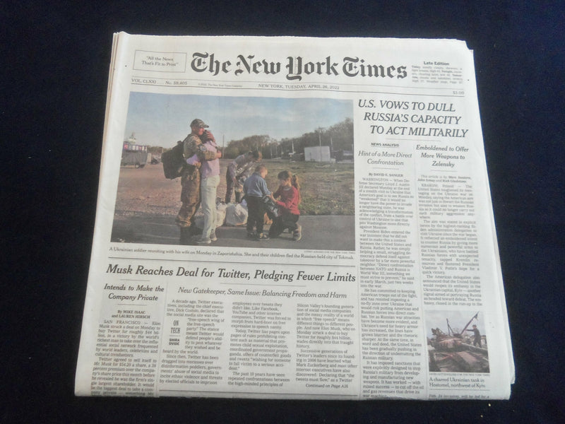 2022 APRIL 26 NEW YORK TIMES - U.S. VOWS TO DULL RUSSIA'S CAPACITY MILITARILY