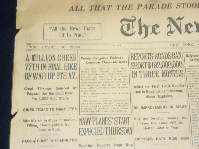 1919 MAY 7 NEW YORK TIMES - MILLION CHEER 77TH ON 5TH AVENUE - NT 9240