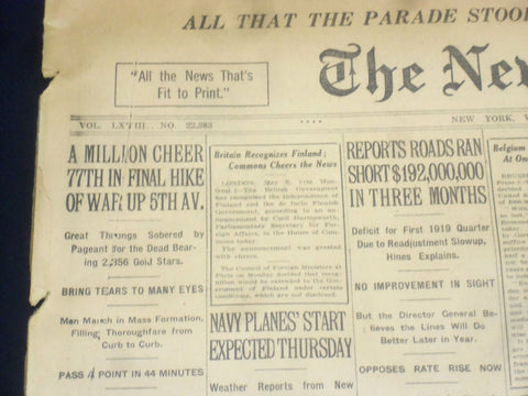 1919 MAY 7 NEW YORK TIMES - MILLION CHEER 77TH ON 5TH AVENUE - NT 9240