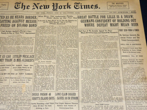 1915 JUNE 28 NEW YORK TIMES NEWSPAPER-GREAT BATTLE FOR LILLE IS A DRAW - NT 7706