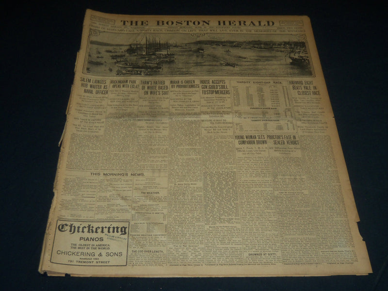 1906 JUNE 29 THE BOSTON HERALD -HARVARD EIGHT BEATS YALE IN CLOSEST RACE- BH 287