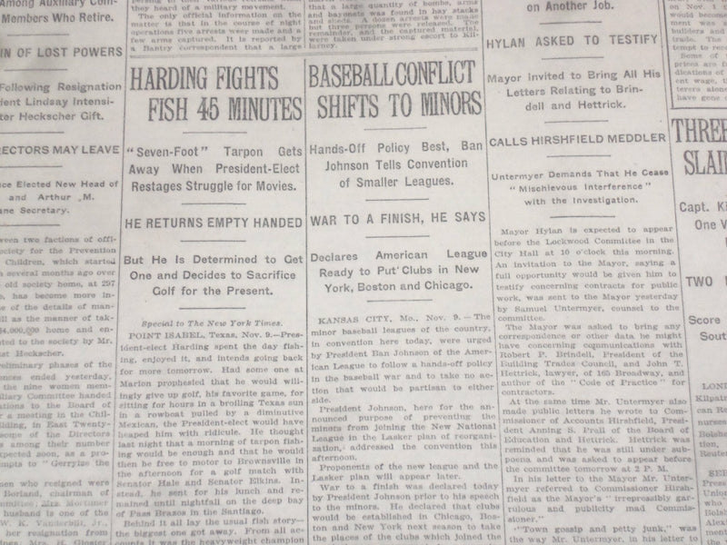 1920 NOVEMBER 10 NEW YORK TIMES - BASEBALL CONFLICT SHIFTS TO MINORS - NT 8450