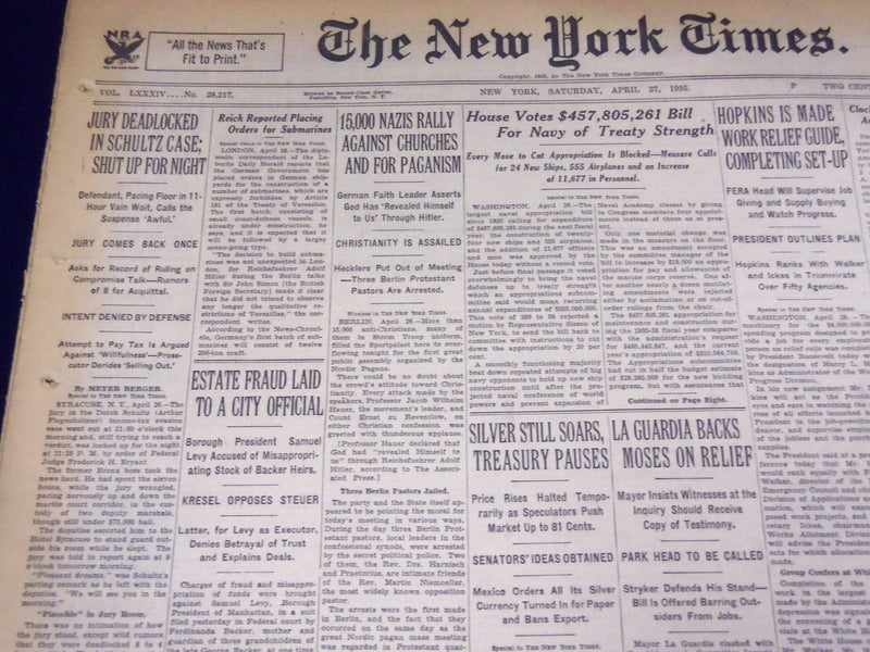 1935 APRIL 27 NEW YORK TIMES - JURY DEADLOCKED IN SCHULTZ CASE - NT 1863