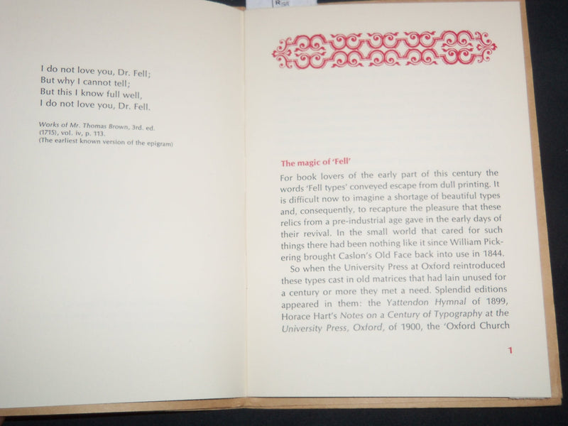 1968 THE FELL TYPES BOOK BY HARRY CARTER - OXFORD UNIVERSITY PRESS - J 9215