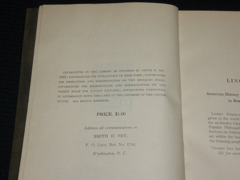1922 LINCOLN AND LEE A PATRIOTIC STORY SOFTCOVER BOOK BY SMITH D. FRY - J 6893