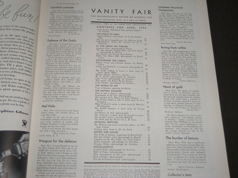 1934 JUNE VANITY FAIR MAGAZINE - GREAT PHOTOS BY STEICHEN - GARBO - HULL - F 452