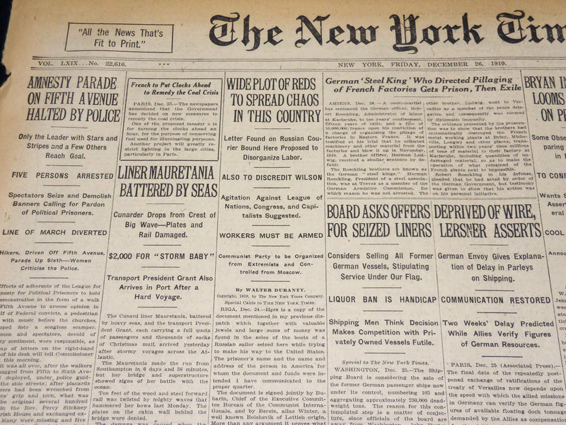 1919 DECEMBER 26 NEW YORK TIMES NEWSPAPER- MAURETANIA BATTERED BY SEAS - NT 8531