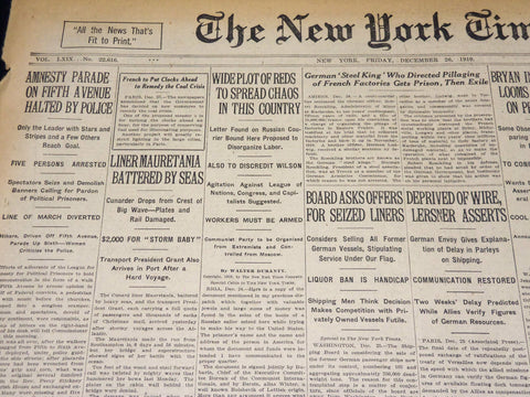1919 DECEMBER 26 NEW YORK TIMES NEWSPAPER- MAURETANIA BATTERED BY SEAS - NT 8531