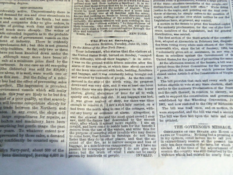 1865 JUNE 23 NEW YORK TIMES NEWSPAPER - RECONSTRUCTION - VIRGINIA - NP 3996