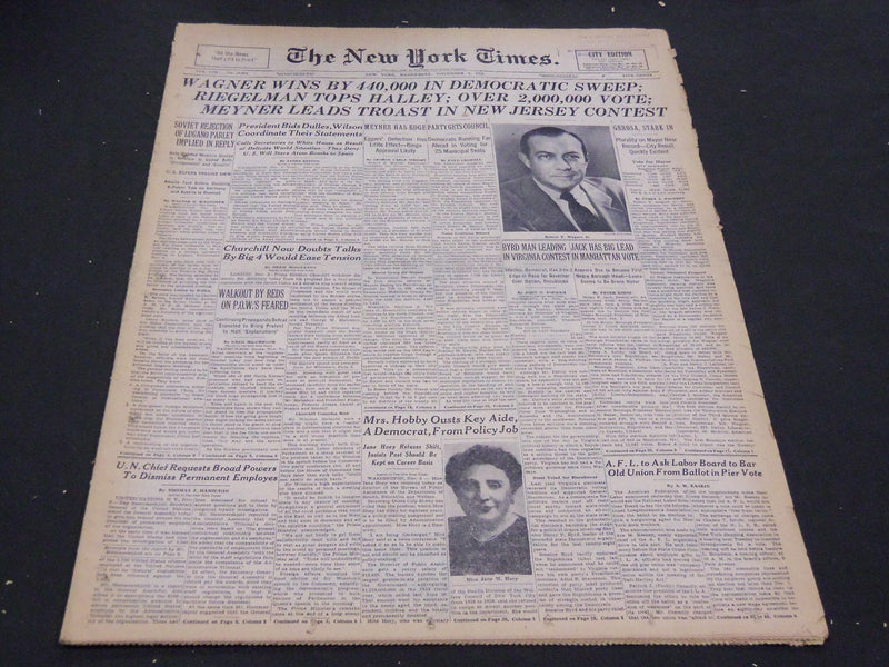 1953 NOVEMBER 4 NEW YORK TIMES - WAGNER WINS BY 440,000 - NT 4268