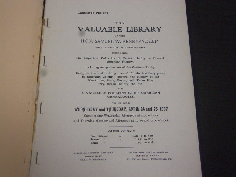 1907 SAMUEL PENNYPACKER LIBRARY AUCTION CATALOGUE NO. 943 PART 4 - J 5208