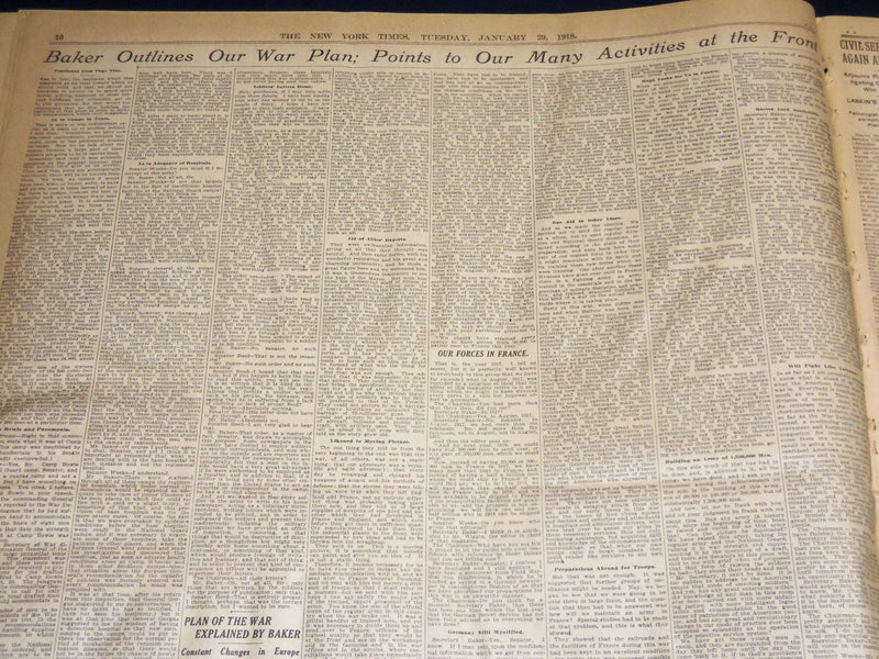 1918 JANUARY 29 NEW YORK TIMES - BAKER SAYS AMERICA DOING HER PART - NT 7930