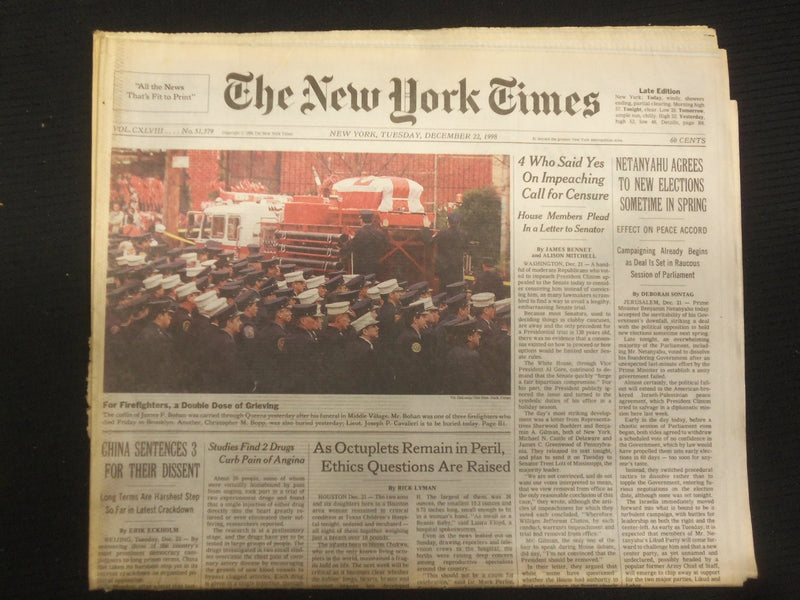 1998 DEC 22 NEW YORK TIMES NEWSPAPER -NETANYAHU AGREES TO NEW ELECTIONS- NP 7053