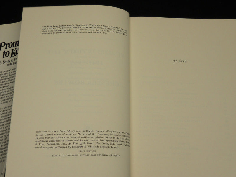 1971 PROMISES TO KEEP BOOK INSCRIBED BY CHESTER BOWLES + NOTE - 1ST EDN - D 481