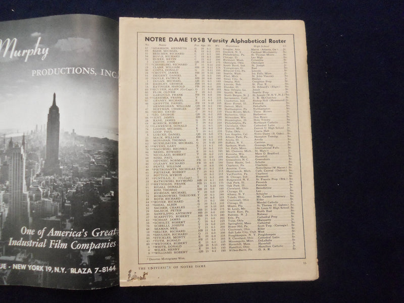 1958 SEPTEMBER 27 FOOTBALL PROGRAM - UNIV INDIANA VS. UNIV NOTRE DAME - SP 5454R