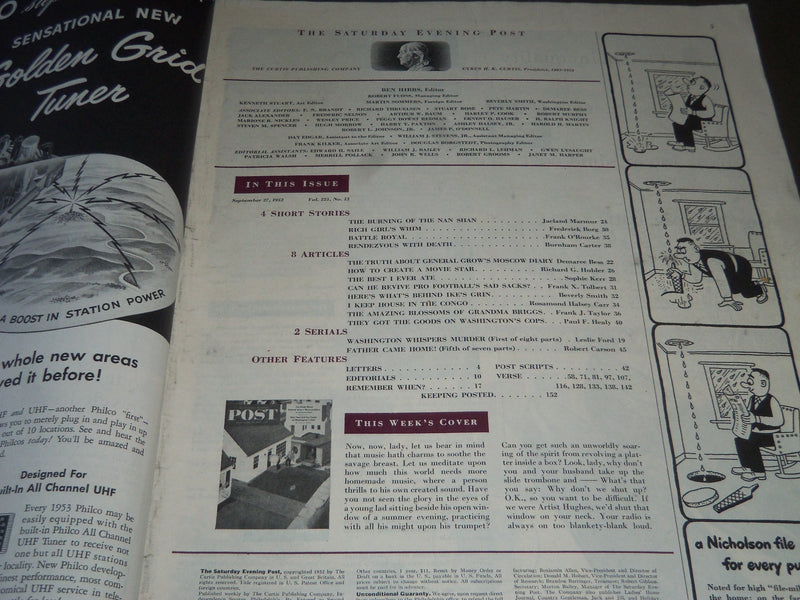 1952 SEPT 27 THE SATURDAY EVENING POST MAGAZINE - ILLUSTRATED COVER - SP 1932