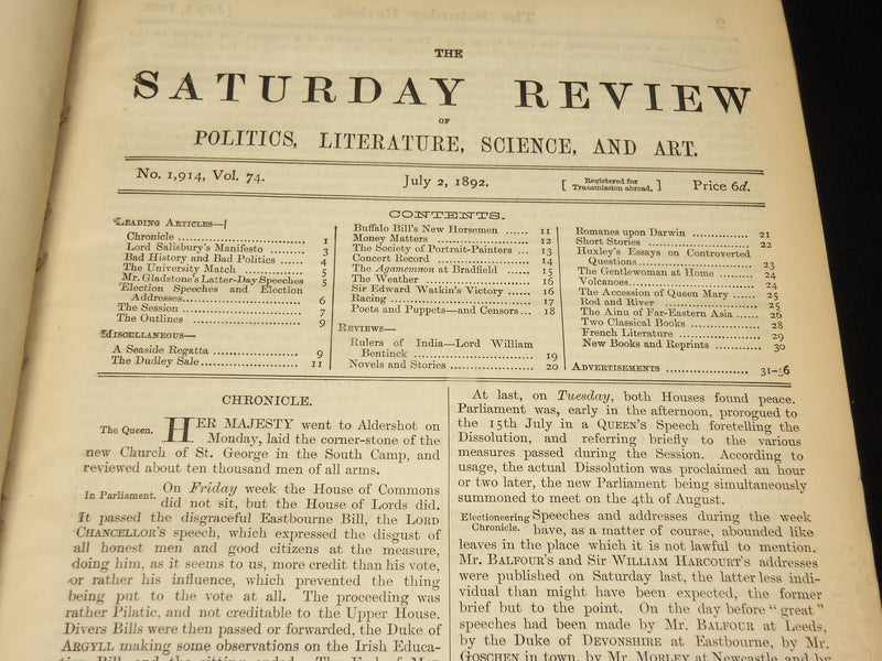 1892 JULY-DECEMBER SATURDAY REVIEW BOUND VOLUME - PUBLISHED IN LONDON - R 1116