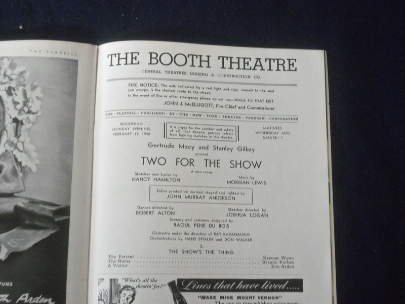 1940 FEBRUARY 19 PLAYBILL PROGRAM - TWO FOR THE SHOW -HUTTON-ARDEN-WYNN - J 6475