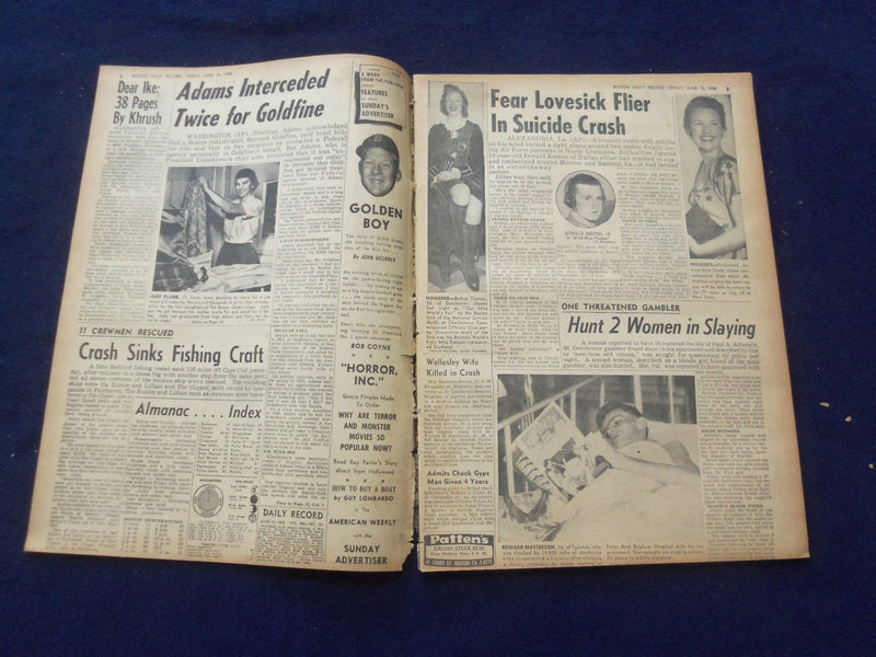 1958 JUNE 13 BOSTON RECORD AMERICAN NEWSPAPER-ADAMS ADMITS HELP GOLDFINE-NP 6272
